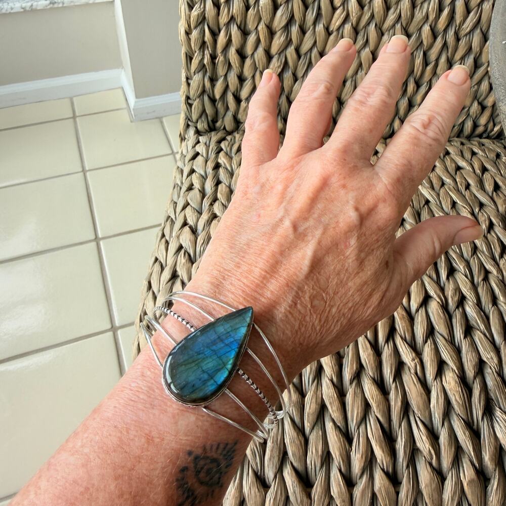 Large Labradorite Cuff Bracelet Silver Plated Blue Flash Adjustable
